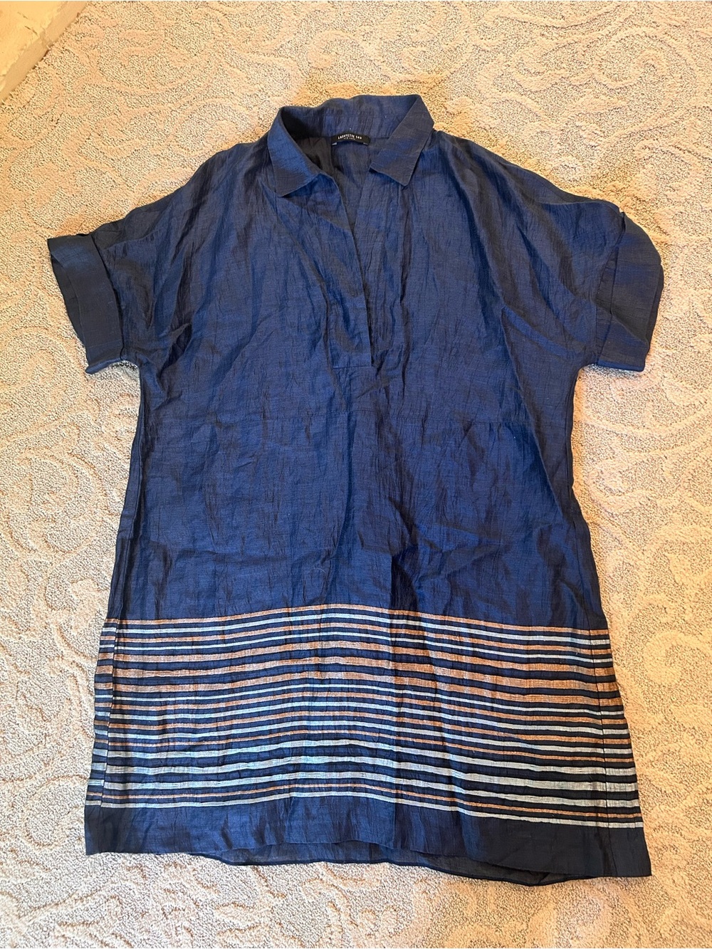 Lafayette 148 Short-Sleeve Linen Blend Dress with Striped Hem